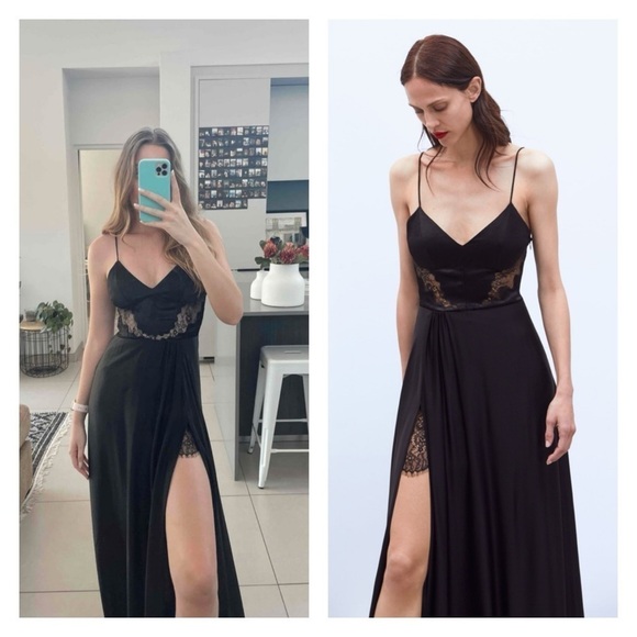 ZARA Black Lace Satin High Slit Cutout Formal Maxi Dress Large Blogger Favorite - Picture 2 of 6